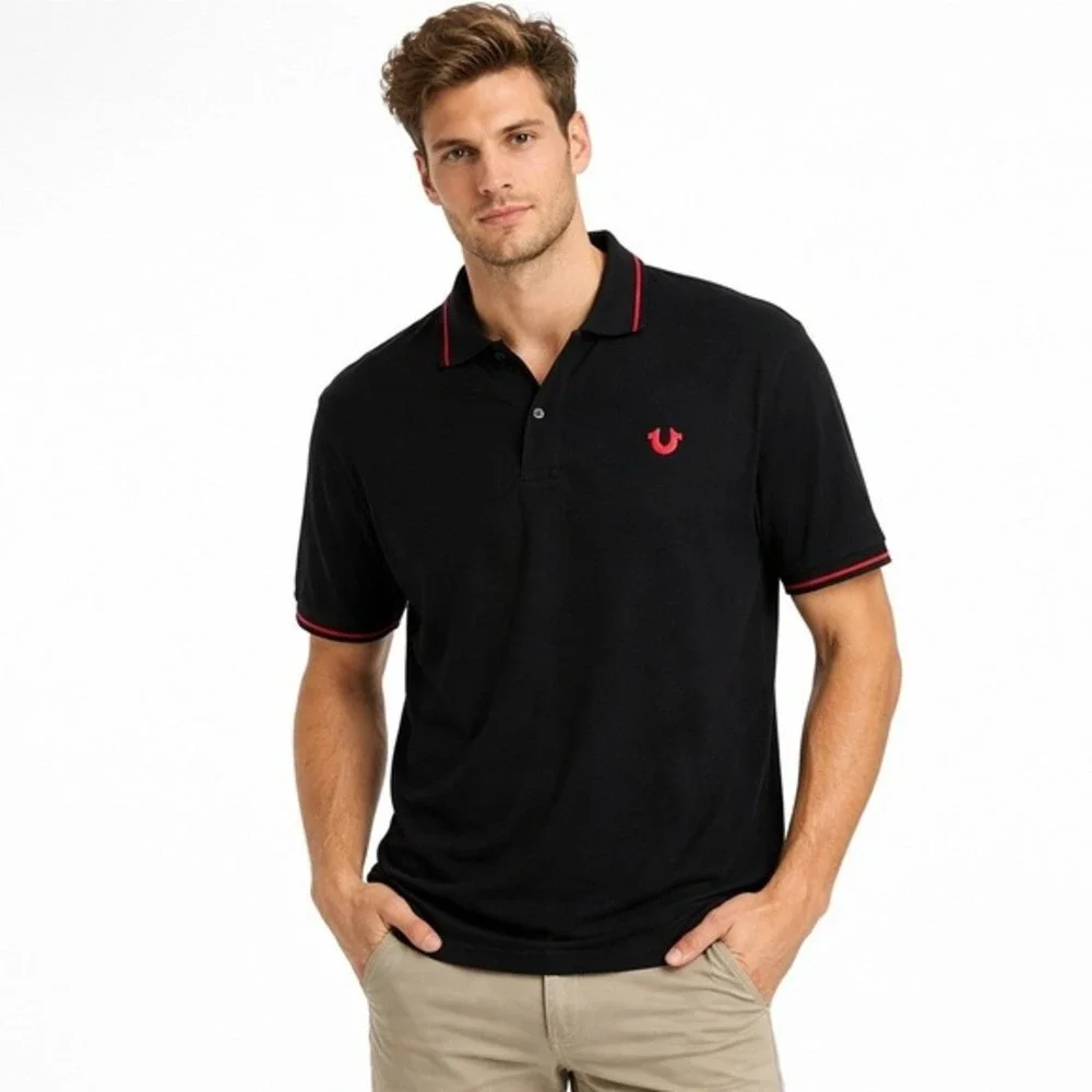 True Religion Men‎ Black Red Logo Short Sleeve Polo Shirt Size XL
